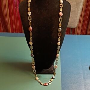 Fresh Water Coin Pearls Silver & Gold Tone Metal Geometric Pattern Necklace